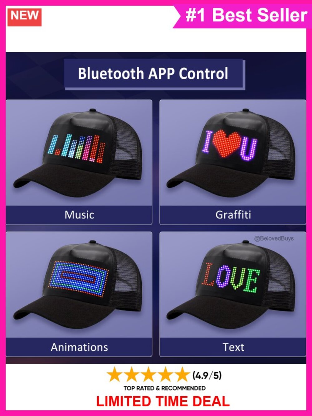 LED Baseball Cap Bluetooth APP Control Custom Text Hat - Picture 6 of 6